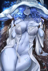 Rule 34 | 1girl, alternate breast size, blue eyes, blue hair, blue skin, breasts, cloak, colored skin, cracked skin, cyicheng, doll joints, dress, elden ring, extra arms, extra faces, fur cloak, glowing tattoo, grin, hat, joints, large breasts, large hat, long hair, looking at viewer, one eye closed, parted bangs, ranni the witch, smile, solo, white dress, white hat, witch, witch hat