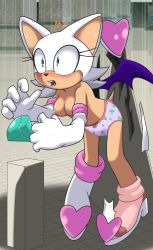 Rule 34 | 1girl, armpits, assisted exposure, bat wings, black bodysuit, blush, bodysuit, boots, bow, bow panties, breasts, chaos emerald, clenched hands, collarbone, defeat, elbow gloves, embarrassed, euf-dreamer, eyelashes, female focus, full body, furry, furry female, gloves, green eyes, hanging breasts, heart, highres, humor, indoors, knee boots, leather, legs, looking away, medium breasts, navel, neck, nipples, no bra, open mouth, panties, pink panties, print panties, ribbon panties, rouge the bat, shiny clothes, shiny skin, skin tight, socks, sonic (series), surprised, tail, thighs, topless, torn bodysuit, torn clothes, torn footwear, underwear, white footwear, white gloves, wings