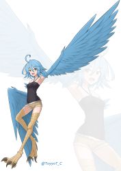 Rule 34 | 1girl, absurdres, ahoge, bare shoulders, bird legs, black shirt, blouse, blue feathers, blue hair, blue wings, breasts, commentary request, covered navel, digitigrade, feathered wings, feathers, hair between eyes, harpy, highres, monster girl, monster musume no iru nichijou, navel, open mouth, outstretched arm, papi (monster musume), shirt, short hair, short shorts, shorts, simple background, sleeveless, sleeveless shirt, small breasts, smile, solo, talons, toyyot, twitter username, white background, winged arms, wings, yellow eyes