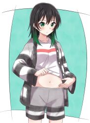 1girl black_cardigan black_hair border cardigan clothes_lift commentary cowboy_shot gradient_hair green_background green_eyes green_hair grey_cardigan grey_shorts hair_between_eyes hair_down highres katanashi_(ktnsh_popu) lifting_own_clothes long_sleeves love_live! love_live!_nijigasaki_high_school_idol_club medium_hair midriff_peek multicolored_hair navel outside_border shirt shirt_lift shorts solo striped_cardigan striped_clothes striped_shorts takasaki_yu white_border white_cardigan white_shirt