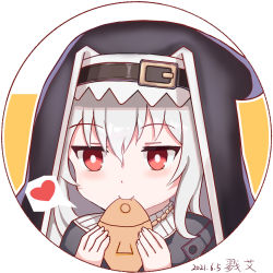 Rule 34 | 1girl, arknights, chibi, commentary request, dated, eating, fang, food, habit, hair between eyes, highres, holding, holding food, jewelry, long hair, looking at viewer, luai (qq), necklace, nun, red eyes, sidelocks, signature, silver hair, simple background, smile, solo, specter (arknights), upper body, veil, white background