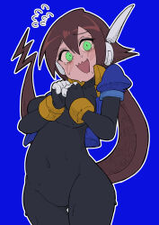 Rule 34 | 1girl, absurdres, aile (mega man zx), arm under breasts, black bodysuit, blue background, blue jacket, bodysuit, bodysuit under clothes, breasts, brown hair, buzzlyears, covered collarbone, cowboy shot, cropped jacket, expressive hair, green eyes, highres, jacket, large breasts, long hair, looking at viewer, mega man (series), mega man zx, mega man zx advent, no pants, open clothes, open jacket, open mouth, ponytail, simple background, solo, surprised, sweat, upper body