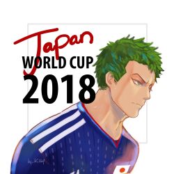 Rule 34 | 1boy, 2018, 2018 fifa world cup, alternate costume, artist name, closed mouth, english text, green eyes, green hair, highres, japan, japanese flag, k164, male focus, one piece, roronoa zoro, shirt, short hair, soccer, soccer uniform, solo, sportswear, world cup
