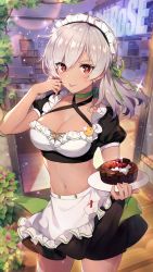 Rule 34 | 1girl, alternate costume, apron, black shirt, black skirt, breasts, cake, choker, cleavage, collarbone, cowboy shot, crop top, earrings, enmaided, food, frilled shirt, frills, girl cafe gun, glint, green choker, halterneck, hand up, highres, holding, jewelry, large breasts, lida romero, long hair, looking at viewer, maid, maid apron, maid headdress, midriff, miniskirt, navel, official art, plant, puffy short sleeves, puffy sleeves, red eyes, ribbon choker, shibano kaito, shirt, short sleeves, silver hair, skirt, smile, solo, standing, stomach, tongue, tongue out, tray, waist apron