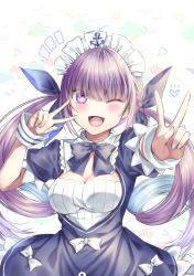 Rule 34 | 1girl, ;d, ahoge, anchor print, anchor symbol, bad id, bad pixiv id, blue bow, blue dress, blue hair, blue nails, blue ribbon, blunt bangs, blush, bow, bowtie, braid, breasts, cleavage, colored inner hair, commentary request, dress, dress bow, drill hair, frilled dress, frills, hair ribbon, heart, highres, hololive, looking at viewer, maid, maid headdress, medium breasts, minato aqua, minato aqua (1st costume), multicolored hair, nail polish, notice lines, one eye closed, open mouth, puffy short sleeves, puffy sleeves, purple eyes, purple hair, ribbon, short sleeves, side braid, sidelocks, smile, solo, twin drills, two-tone hair, two side up, upper body, virtual youtuber, white background, white bow, wrist cuffs, yuihira asu