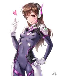 Rule 34 | 1girl, ;d, bad id, bad twitter id, bodysuit, breasts, brown eyes, brown hair, covered navel, cowboy shot, d.va (overwatch), facepaint, gloves, gluteal fold, hand on own hip, hand up, headphones, headset, heart, hieung, long hair, looking at viewer, one eye closed, open mouth, overwatch, overwatch 1, ribbed bodysuit, simple background, small breasts, smile, solo, swept bangs, white background, white gloves
