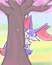 Rule 34 | 1girl, alternate color, animal ear fluff, animal ears, animal nose, body fur, braixen, cherry blossoms, creatures (company), day, female focus, fox ears, fox girl, fox tail, furry, furry female, game freak, gardear058, gen 6 pokemon, jaggy lines, leaning to the side, looking at viewer, nintendo, outdoors, outline, peeking out, petals, pokemon, pokemon (creature), purple fur, red eyes, shiny pokemon, solo, sparkle, straight-on, tail, tree, two-tone fur, white fur, white outline