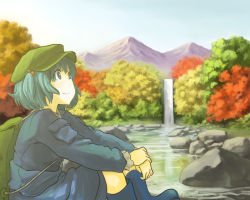 Rule 34 | 1girl, backpack, bad id, bad pixiv id, bag, blue eyes, blue hair, boots, dress, forest, hair bobbles, hair ornament, hat, kawashiro nitori, landscape, long sleeves, looking away, matching hair/eyes, mountain, nature, pocket, river, rock, rubber boots, scenery, shiratama (hockey), shirt, short hair, short twintails, sitting, skirt, skirt set, sky, smile, solo, touhou, tree, twintails, two side up, water, waterfall