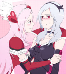 Rule 34 | 00s, 2girls, armband, black neckwear, blush, choker, collarbone, cure passion, dark persona, detached sleeves, dual persona, eas (fresh precure!), elbow gloves, fresh precure!, frown, gloves, grey hair, hair ornament, heart, heart hair ornament, higashi setsuna, light smile, long hair, magical girl, multiple girls, pink hair, precure, profile, red eyes, sweat, tima