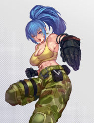Rule 34 | 1girl, abs, ammunition pouch, bare shoulders, belt, belt pouch, blue eyes, blue hair, breasts, camouflage, camouflage pants, cleavage, clenched hand, earrings, gloves, grey background, highres, jewelry, large breasts, leona heidern, midriff, muscular, muscular female, open mouth, pants, ponytail, pouch, seed01010, simple background, snk, solo, tank top, the king of fighters, the king of fighters xiv, the king of fighters xv, triangle earrings, yellow tank top