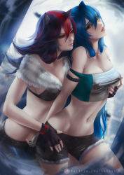 Rule 34 | 2girls, absurdres, animal ears, arm belt, axsen, bare shoulders, black hair, blue hair, bra, grabbing another&#039;s breast, breasts, capelet, cleavage, eyeshadow, fingerless gloves, fur capelet, genderswap, genderswap (mtf), gloves, grabbing, green eyes, groping, hands on another&#039;s thighs, highres, humanization, large breasts, leather, leather pants, long hair, looking at viewer, makeup, midriff, multicolored hair, multiple girls, nail polish, pants, personification, red eyes, red hair, sega, shadow the hedgehog, short shorts, shorts, sonic (series), sonic the hedgehog, strap slip, tongue, tongue out, two-tone hair, underwear, yuri