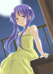 Rule 34 | 1girl, arms at sides, backlighting, bare arms, bare shoulders, blue hair, brown eyes, closed mouth, collarbone, dress, dutch angle, flat chest, frilled dress, frills, hane (hanegoya), looking at viewer, memories off, minami tsubame, moon, moonlight, night, night sky, railing, short hair with long locks, sidelocks, sitting, sky, sleeveless, smile, solo, yellow dress