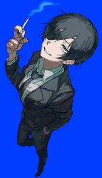 Rule 34 | 1girl, black hair, black jacket, black necktie, chainsaw man, cigarette, collared shirt, eyepatch, formal, from above, hand in pocket, highres, himeno (chainsaw man), jacket, kota 2kx, looking at viewer, necktie, shirt, short hair, simple background, smile, solo, white shirt