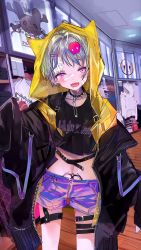 Rule 34 | 1girl, animal hood, bandaid, bandaid on face, black jacket, collar, crop top, earrings, eyebrow piercing, fangs, female focus, hair ornament, highres, hood, jacket, jewelry, lip piercing, looking at viewer, mall, midriff, navel, open mouth, original, piercing, pink eyes, pubic tattoo, short hair, short shorts, shorts, silver hair, sleeves past wrists, solo, spiked collar, spikes, tattoo, thigh strap, tokikosann