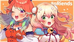 Rule 34 | 2girls, blonde hair, breasts, close-up, commentary, earrings, english commentary, fang, green eyes, highres, hololive, hololive english, jewelry, looking at viewer, medium breasts, mixed-language commentary, momosuzu nene, multiple girls, official art, one eye closed, open mouth, orange hair, second-party source, takanashi kiara, takanashi kiara (1st costume), tamawo (mu gi2), v-shaped eyebrows, virtual youtuber