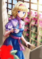 Rule 34 | 1girl, alice margatroid, ascot, blonde hair, blue dress, blue eyes, blurry, blurry foreground, capelet, cup, dress, flower, hairband, highres, holding, holding cup, indoors, kyabekko, looking at viewer, puffy short sleeves, puffy sleeves, red ascot, short sleeves, smile, solo, touhou, wavy hair, white capelet, window
