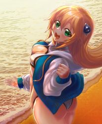Rule 34 | 1girl, arc system works, artist request, ass, beach, bikini, blazblue, blonde hair, blush, breasts, cleavage, green eyes, hair ornament, highres, huge ass, long hair, looking at viewer, medium breasts, noel vermillion, open mouth, shiny skin, sideboob, smile, solo, swimsuit, toned, water