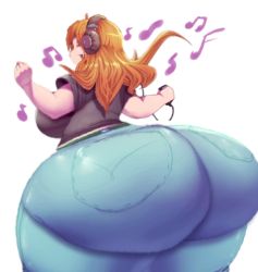 Rule 34 | 1girl, animated, animated gif, ass, ass shake, breasts, dancing, denim, female focus, from behind, headphones, huge ass, jeans, large breasts, orange hair, pants, simple background, solo, thick thighs, thighs, trinity-fate62, white background