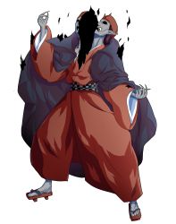 Rule 34 | 1boy, cape, cloak, colored skin, dairi, death, fortune teller (touhou), full body, geta, grey skin, hat, highres, hollow eyes, long sleeves, male focus, pointy ears, solo, standing, touhou, transparent background, wide sleeves