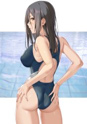Rule 34 | 1girl, armpits, ass, back, back cutout, bare arms, bare shoulders, blue one-piece swimsuit, breasts, brown eyes, clothing cutout, competition swimsuit, cowboy shot, grey hair, hands on own ass, highres, icomochi, large breasts, long hair, looking at viewer, looking back, one-piece swimsuit, original, parted lips, profile, puffy nipples, solo, standing, swimsuit, thighs, water
