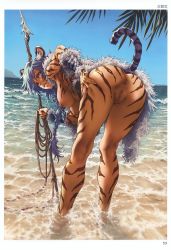 Rule 34 | 1girl, absurdres, animal ear fluff, animal ears, anus, artist name, ass, ass focus, beach, blue sky, braid, breasts, censored, day, fingernails, from behind, hand on own ass, harpoon, highres, holding, holding weapon, long hair, looking at viewer, looking back, medium breasts, minato fumi, mosaic censoring, nipples, nude, ocean, original, outdoors, page number, parted lips, polearm, pussy, scan, single braid, sky, solo, tail, tan, thighs, tiger ears, tiger girl, tiger stripes, tiger tail, toranoana, wading, water, weapon