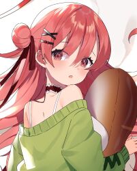 Rule 34 | 1girl, :o, babydoll, blush, bow, breasts, cardigan, choker, clenched hand, commentary, commission, english commentary, flower, food-themed pillow, green cardigan, hair behind ear, hair ornament, hair ribbon, hairclip, hand on own chest, head tilt, heart, heart hair ornament, highres, hugging object, indie virtual youtuber, long hair, looking at viewer, lying, medium breasts, nini yuuna, on back, open mouth, pillow, pillow hug, red bow, red choker, red eyes, red hair, red ribbon, ribbon, sawtowne, solo, surprised, virtual youtuber, white babydoll, white flower