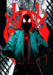 Rule 34 | 1boy, atmosgear, bad id, bad pixiv id, black bodysuit, bodysuit, chromatic aberration, covered face, facing viewer, green jacket, hands in pockets, highres, hood, hood up, hooded bodysuit, hoodie, jacket, looking at viewer, male focus, marvel, mask, miles morales, red hoodie, screentones, solo, spider-man: into the spider-verse, spider-man (miles morales), spider-man (series), spider-verse, spider web print, superhero