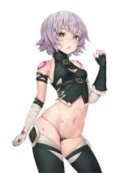 Rule 34 | 1girl, :o, bandages, bandaged arm, bandages, bangosu, belt, black gloves, black legwear, blood, blood on face, breasts, cleavage, cleavage cutout, clothing cutout, fate/apocrypha, fate (series), fingerless gloves, gloves, jack the ripper (fate/apocrypha), light purple hair, looking at viewer, navel, short hair, simple background, single glove, solo, white background, yellow eyes