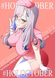 Rule 34 | 1girl, absurdres, adjusting eyewear, blue hair, braid, breasts, commentary, dress, english commentary, english text, garter straps, glasses, gloves, green eyes, hat, highres, hololive, hololive indonesia, large breasts, long hair, looking at viewer, multicolored hair, nurse, nurse cap, pavolia reine, pink dress, pink headwear, single braid, streaked hair, thighhighs, tongue, tongue out, virtual youtuber, white garter straps, white gloves, white hair, white thighhighs, zelineart
