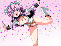 Rule 34 | 00s, 1girl, bare legs, bikini, blue eyes, blush, boots, breasts, cleavage, cleavage cutout, clothing cutout, confetti, galaxy angel, gradient background, hair ornament, highres, juliet sleeves, long hair, long sleeves, milfeulle sakuraba, no pants, open mouth, outstretched arms, pink bikini, pink hair, puffy sleeves, shirt, smile, solo, standing, standing on one leg, swimsuit, thighs, tukiwani