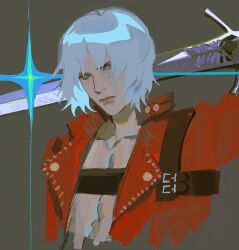 Rule 34 | 1boy, belt bra, blue eyes, coat, dante (devil may cry), devil may cry, devil may cry (series), devil may cry 3, highres, holding, holding weapon, looking at viewer, male focus, rebellion (sword), red coat, solo, w9rm0000, weapon, white hair