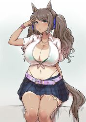 Rule 34 | 1girl, animal ears, blue ribbon, blue skirt, breasts, brown hair, cleavage, commentary request, crop top, facial mark, feet out of frame, gradient background, grey background, grey eyes, hair ribbon, hand up, highres, horse ears, huge breasts, jewelry, long hair, looking at viewer, midriff, miniskirt, navel, necklace, plaid, plaid skirt, ribbon, shirt, short sleeves, skirt, solo, standing, star (symbol), stomach, tail, tan, tanline, thighs, tied shirt, tosen jordan (umamusume), umamusume, v, very long hair, white background, white shirt, yuugatou (yuuzutu)