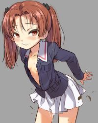 Rule 34 | 1girl, bent over, blue jacket, blush, breasts, brown hair, cum, cumdrip, female focus, girls und panzer, grey background, highres, jacket, kadotani anzu, leaning forward, looking at viewer, miniskirt, open clothes, open jacket, parted lips, red eyes, sabaku chitai, school uniform, simple background, skirt, small breasts, smile, solo, standing, twintails, white skirt