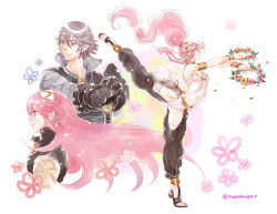 Rule 34 | 1boy, 2girls, anklet, armlet, black gloves, bracelet, braid, breasts, cleavage, dancer, dancing, closed eyes, father and daughter, fire emblem, fire emblem awakening, fire emblem fates, floral background, flower wreath, gloves, grandmother and granddaughter, grey hair, hairband, hands on hilt, insarability, jewelry, laslow (fire emblem), long hair, medium breasts, midriff, mother and son, multiple girls, navel, neck ring, nintendo, olivia (fire emblem), pink hair, ponytail, profile, purple eyes, sandals, see-through, shirt, short hair, side braids, soleil (fire emblem), standing, standing on one leg, sword, twin braids, twitter username, vest, weapon, white background