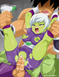 Rule 34 | 1boy, 1girl, alien, artist name, ass, black hair, broly (dragon ball super), censored, cheelai, chicago-x, colored skin, dragon ball, dragon ball super, erection, feet out of frame, grabbing, grabbing from behind, green skin, happy sex, hetero, interspecies, looking at viewer, moaning, muscular, muscular male, no humans, outdoors, penis, penis out, pink eyes, pussy juice, saliva, sex, short hair, spiked hair, spread legs, stomach bulge, sweat, testicles, torn clothes, trembling, undressing, vaginal, white hair