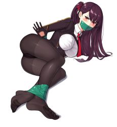 Rule 34 | 1girl, angry, arms behind back, bdsm, black pantyhose, blush, bondage, bound, braid, breasts, crotch seam, duct tape, feet, full body, gag, gbeeee, girls&#039; frontline, glaring, hair ribbon, improvised gag, long hair, lying, medium breasts, no shoes, on side, one side up, panties, panties under pantyhose, pantyhose, purple hair, purple panties, red eyes, red ribbon, restrained, ribbon, simple background, soles, solo, tape, tape gag, thighband pantyhose, toes, tsurime, underbust, underwear, wa2000 (girls&#039; frontline), white background