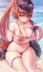 Rule 34 | 1girl, :q, absurdres, animal ears, bare shoulders, bikini, bikini under clothes, black headwear, breasts, bridal garter, cat ears, cat tail, crop top, deaver, heart, heart necklace, heterochromia, highres, hololive, houshou marine, houshou marine (summer), jewelry, kemonomimi mode, large breasts, looking at viewer, midriff, navel, necklace, o-ring, o-ring thigh strap, off-shoulder shirt, off shoulder, ponytail, red bikini, red eyes, red hair, see-through, shirt, short sleeves, sitting, solo, stomach, swimsuit, tail, thick thighs, thigh strap, thighs, tongue, tongue out, virtual youtuber, wet, wet clothes, wet shirt, white shirt, yellow eyes