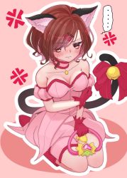 Rule 34 | 1girl, animal ears, bare shoulders, bell, blush, bow, brown hair, cat ears, cat tail, commentary request, cosplay, detached sleeves, hair ornament, hairclip, highres, higuchi madoka, idolmaster, idolmaster shiny colors, kuroda keeshi, magical girl, mew ichigo, mew ichigo (cosplay), mole, mole under eye, puffy detached sleeves, puffy sleeves, seiza, short hair, sitting, solo, swept bangs, tail, tail bell, tail bow, tail ornament, tokyo mew mew