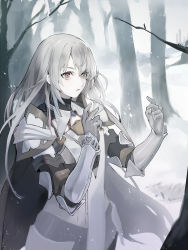 Rule 34 | 1girl, armor, bare tree, cape, faulds, ganida boushoku, gloves, grey hair, highres, knight, long hair, open mouth, original, red eyes, shoulder armor, snow, snowing, solo, tree, vambraces