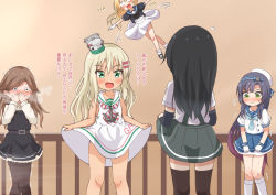 Rule 34 | 5girls, arashio (kancolle), arm warmers, asashio (kancolle), black hair, black legwear, blonde hair, blue neckerchief, blue sailor collar, blue skirt, blush, bow, brown hair, clothes lift, comiching, commentary request, curtsey, dress, frilled dress, frills, gloves, gradient hair, grecale (kancolle), green eyes, green skirt, hair bow, hat, jervis (kancolle), kantai collection, lifted by self, long hair, long sleeves, low-cut armhole, matsuwa (kancolle), miniskirt, multicolored hair, multiple girls, neckerchief, nose blush, panties, pantyhose, pinafore dress, pink bow, pink hair, purple hair, sailor collar, sailor dress, sailor hat, school uniform, serafuku, shirt, short sleeves, side-tie dress, skirt, skirt hold, skirt lift, sleeveless, sleeveless dress, striped clothes, striped neckerchief, striped neckwear, striped panties, suspender skirt, suspenders, thighhighs, translation request, underwear, wavy hair, white dress, white gloves, white headwear, white sailor collar, white shirt