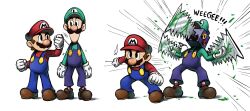 Rule 34 | 2boys, blue overalls, boots, brothers, brown footwear, brown hair, chainsaw (mario), chainsaw man, clenched hand, clenched hands, facial hair, gloves, green headwear, green shirt, hat, highres, luigi, mari luijiroh, mario, mario &amp; luigi rpg, mario (series), multiple boys, multiple views, mustache, nintendo, overalls, red headwear, red shirt, shirt, siblings, simple background, white background, white gloves