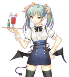Rule 34 | bat wings, black thighhighs, cowboy shot, cup, dasoku sentarou, demon girl, drinking glass, hand on own hip, low wings, original, pointy ears, simple background, solo, thighhighs, twintails, waitress, white background, wings, zettai ryouiki