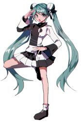 Rule 34 | 1girl, :o, aqua eyes, aqua hair, bad id, bad twitter id, black shirt, black skirt, commentary, conflict (module), danjou sora, double bun, frilled skirt, frills, full body, hair bun, hand on own hip, hand up, hatsune miku, highres, leg up, long hair, looking at viewer, miniskirt, open mouth, project diva (series), shirt, skirt, solo, standing, twintails, two-tone shirt, two-tone skirt, ura-omote lovers (vocaloid), very long hair, vocaloid, white background, white shirt, white skirt