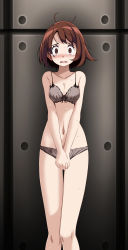 Rule 34 | 1girl, absurdres, against wall, bare arms, bare legs, blush, bra, breasts, brown eyes, brown hair, cleavage, collarbone, creatures (company), game freak, gloria (pokemon), grey bra, grey panties, highres, looking at viewer, messy hair, navel, nintendo, open mouth, panties, pokemon, pokemon swsh, ribbon bra, scared, short hair, small breasts, solo, standing, tears, thigh gap, tsukishiro saika, underwear, underwear only, wavy mouth