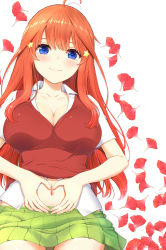 Rule 34 | 1girl, ahoge, blue eyes, blush, breasts, cleavage, clothes pull, collarbone, collared shirt, commentary request, cowboy shot, eyebrows hidden by hair, gluteal fold, go-toubun no hanayome, green skirt, hair intakes, hair ornament, hands on own stomach, heart, heart hands, highres, inanaki shiki, large breasts, long hair, looking at viewer, lying, midriff peek, nakano itsuki, navel, on back, partially unbuttoned, petals, pleated skirt, red hair, red sweater, school uniform, shadow, shirt, short sleeves, sidelocks, simple background, skirt, smile, solo, star (symbol), star hair ornament, sweater, sweater pull, sweater vest, white background, white shirt