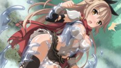Rule 34 | 1girl, ^^^, armor, black thighhighs, blush, breastplate, breasts, brown eyes, brown hair, cleavage, detached sleeves, dissolving clothes, dutch angle, fang, game cg, greeze18, long hair, miniskirt, nose blush, open mouth, outdoors, pauldrons, pleated skirt, ponytail, raelin (sakura fantasy), red scarf, sakura fantasy, scarf, shoulder armor, skirt, slime (substance), solo, tears, thighhighs, vambraces, wanaca, winged cloud