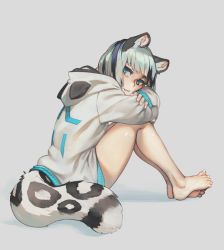 Rule 34 | 1girl, animal ear fluff, animal ears, barefoot, blue eyes, commentary, copyright request, crossed arms, from side, hood, hoodie, long sleeves, looking at viewer, paintrfiend, simple background, sitting, solo, tail