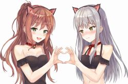 Rule 34 | 10s, 2girls, :3, :d, animal ears, atychi, bang dream!, bare shoulders, bell, bikini, bikini top only, black bikini, blush, breasts, brown hair, cat ears, choker, collarbone, commentary request, embarrassed, fake animal ears, frilled swimsuit, frills, green eyes, hairband, half updo, hand up, heart, heart hands, heart hands duo, highres, imai lisa, long hair, looking at another, looking at viewer, medium breasts, minato yukina, multiple girls, navel, neck bell, nose blush, one-piece swimsuit, one side up, open mouth, red choker, ribbon choker, sidelocks, silver hair, simple background, smile, swimsuit, upper body, wavy hair, wavy mouth, white background, yellow eyes