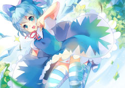 Rule 34 | 1girl, blue dress, blue eyes, blue hair, blue thighhighs, bow, cirno, dress, fang, female focus, hair bow, hand on own face, heart, heart panties, heart print, jumping, m/, matching hair/eyes, nature, open mouth, outdoors, panties, pantyshot, plant, print panties, sheska xue, short hair, sky, smile, solo, sparkle, striped clothes, striped thighhighs, thighhighs, touhou, underwear, upskirt, wings