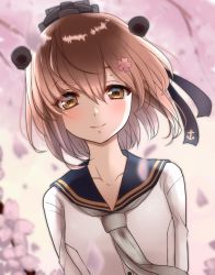 Rule 34 | 1girl, anchor symbol, brown eyes, brown hair, cherry blossoms, commentary request, dress, dutch angle, flower, grey neckwear, hair between eyes, hair flower, hair ornament, highres, kantai collection, looking at viewer, nuka (nvkka), sailor dress, short hair, smile, solo, speaking tube headset, upper body, yukikaze (kancolle), yukikaze kai ni (kancolle)